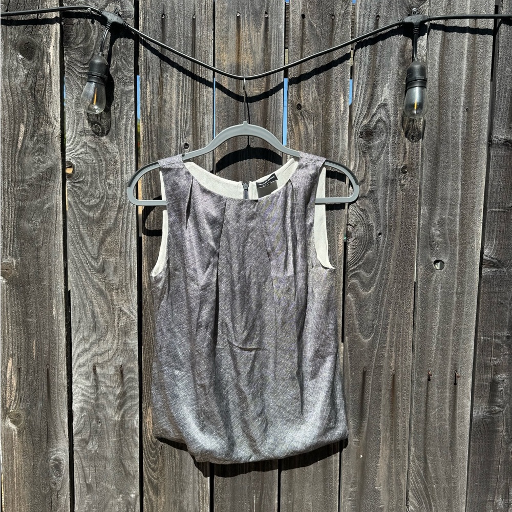 Giorgio Armani Grey and White Silk Sleeveless Blouse with Pleated Neckline sz 42